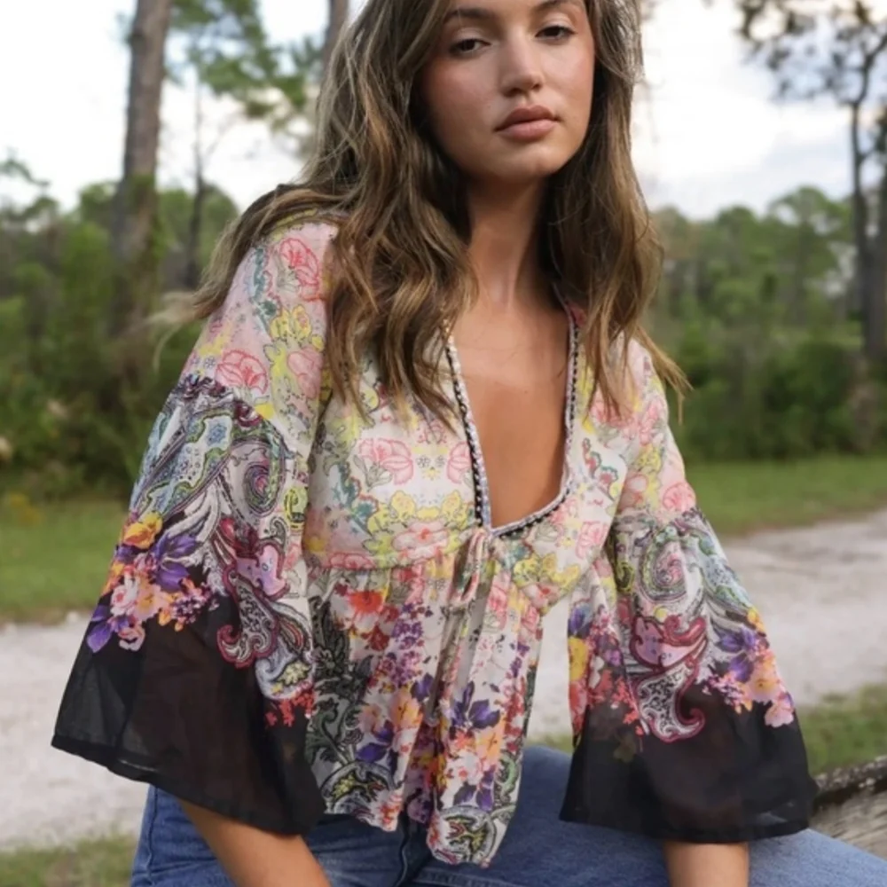 NATURAL LIFE Multi-Color Floral Paisley Peasant Blouse New With Tags. - Picture 1 of 5